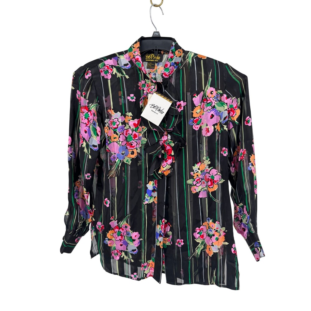 Bob Mackie Wearable Art Blouse Womens M Black Silk Floral Ruffle Neck Vintage